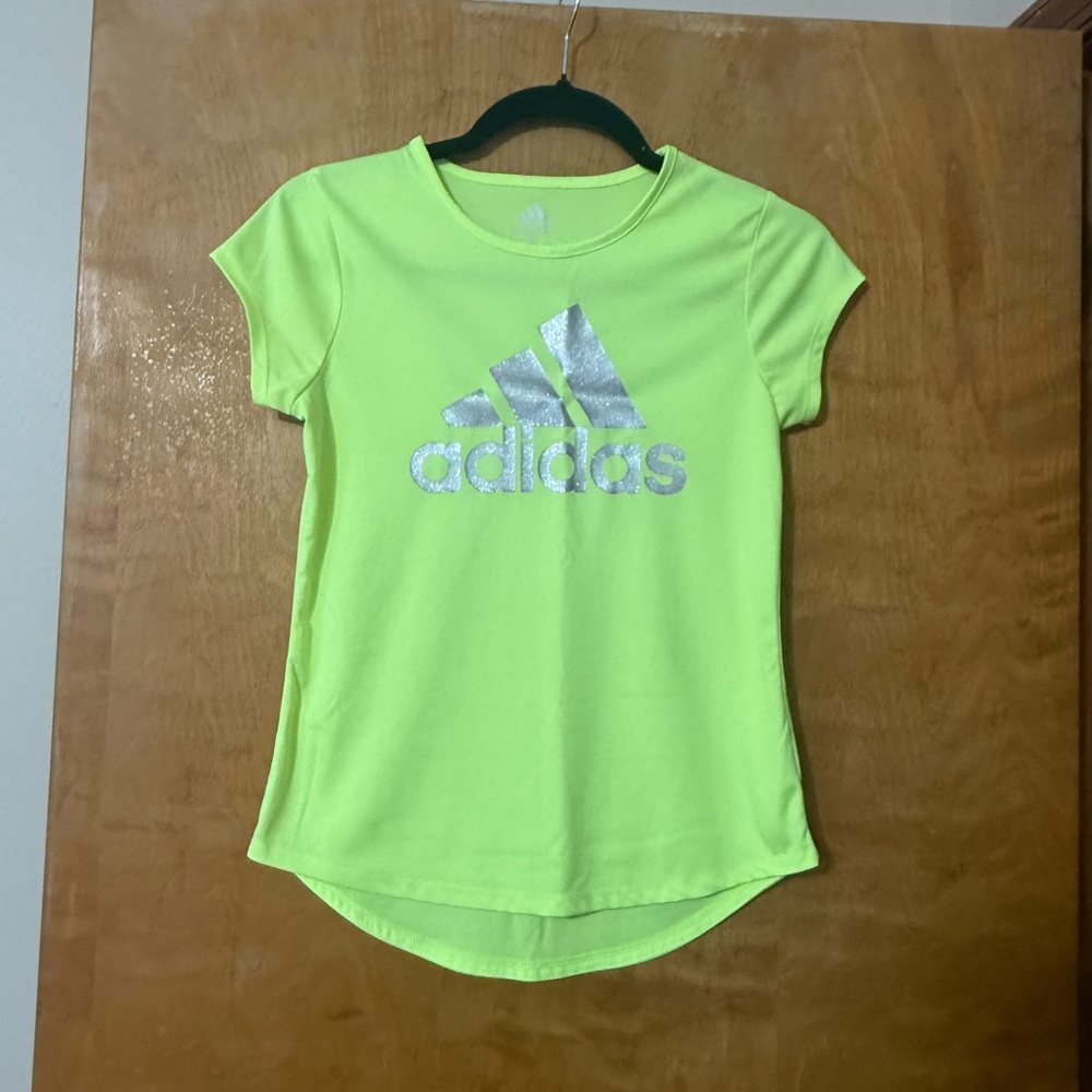 Adidas Girls Size L (14) Bright Lime T-Shirt with Silver Logo, perfect condition